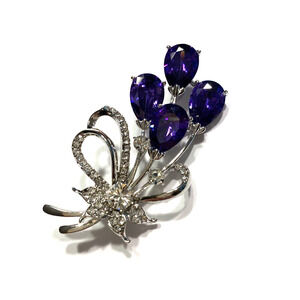 Silvertone Brooch White Crystals & Purple Rhinestones Fashion Jewelry Pin Gift